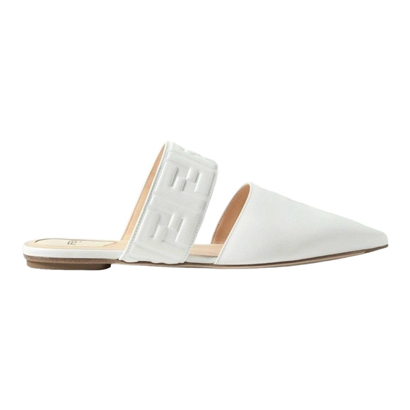 Fendi Motif FF Logo Snow White Leather Pointed Toe Ballerina Ballet Mule Flat 37 - Picture 1 of 12